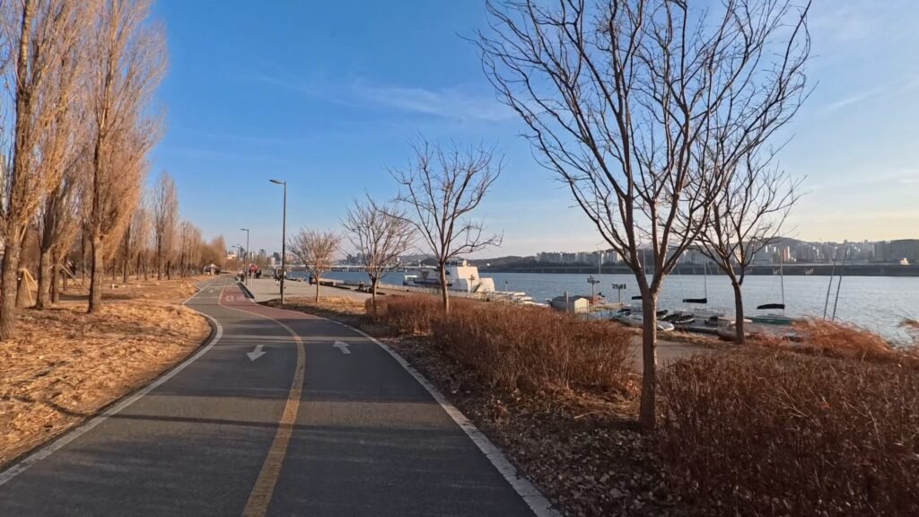 Peaceful view of Ichon Hangang Park biking trail
