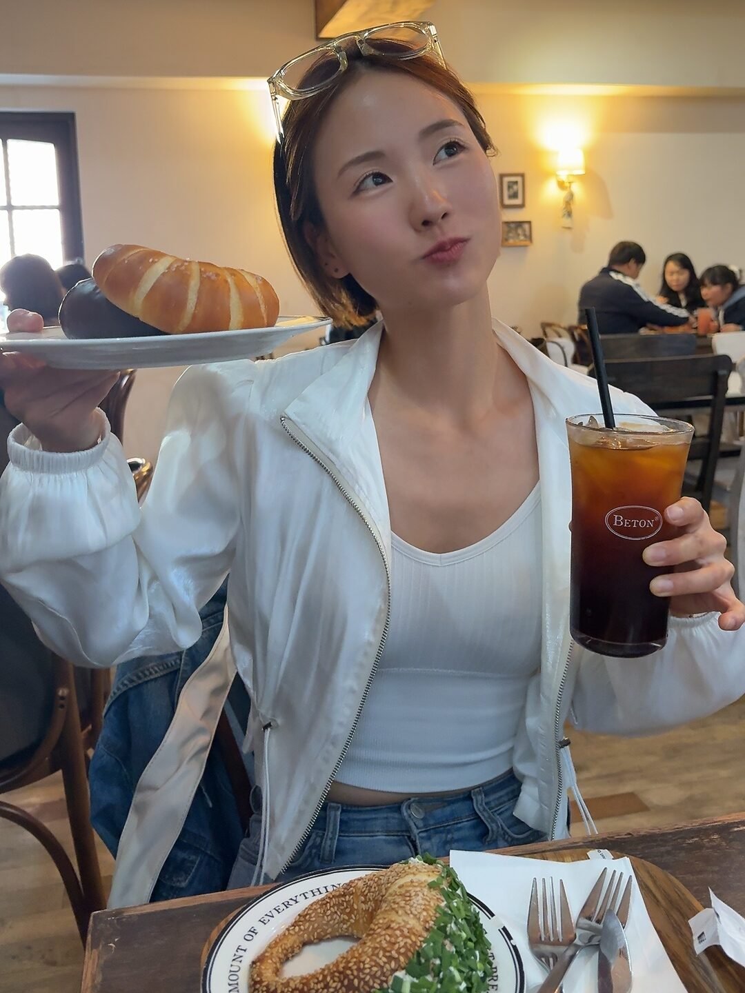 Yeda enjoying famous salt bread at a trendy bakery in Seongsu-dong, Seoul - Korea with Yeda