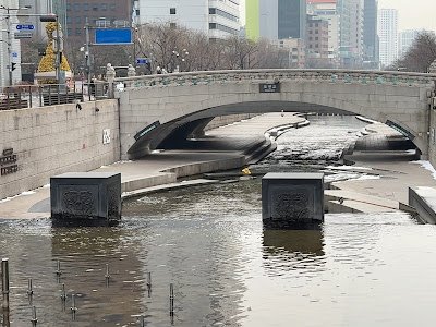 Cheonggyecheon Stream seen while biking through central Seoul