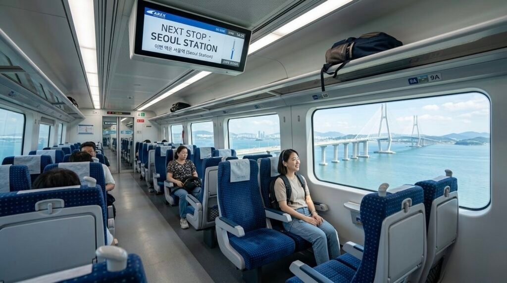 One of the way to how to get around Seoul: AREX Express Train from Incheon Airport to Seoul Station showing comfortable seating.