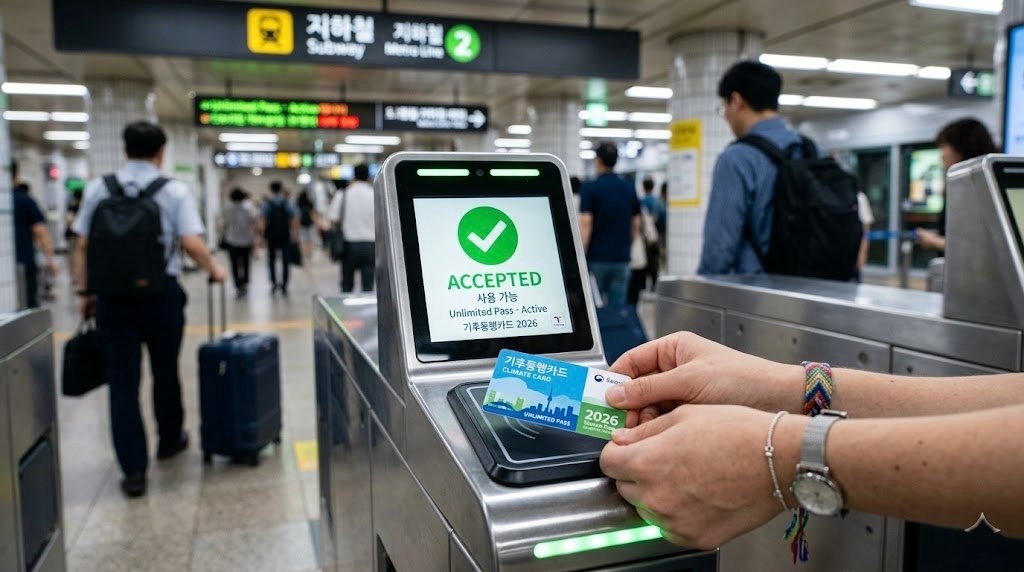 Tourist using the unlimited Seoul Climate Card at a subway turnstile to get around Seoul.