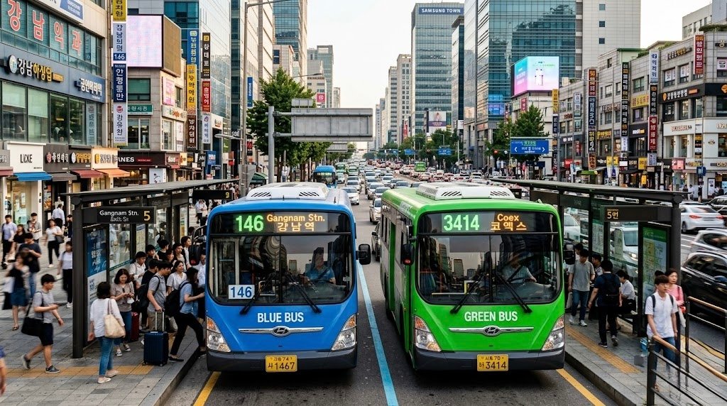 Vibrant blue and green Seoul city buses arriving at a busy bus stop with English signs.