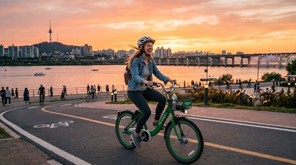 Foreign tourist happily riding a Ttareungyi public bike along the Han River path in Seoul.