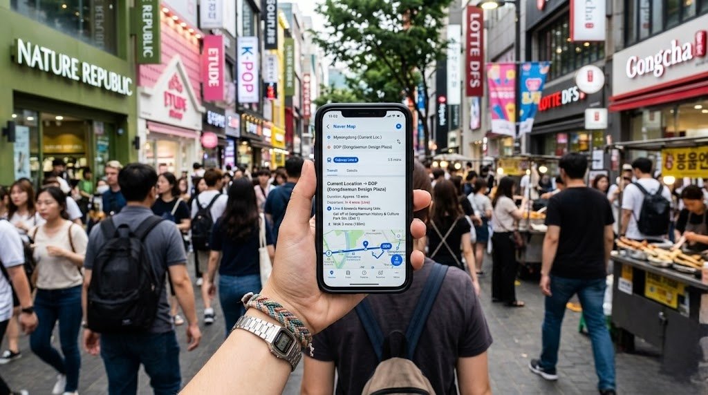 Using the Naver Map app in English on a smartphone for public transit navigation in Seoul.