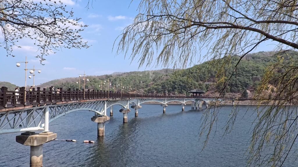 Beautiful Wolyeonggyo Bridge view after cycling to Andong Dam